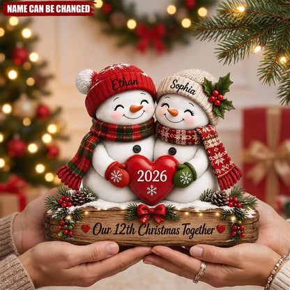 Personalized Thick Wooden Plaque, Snowman Couple Holding a Heart by a Snowy Window, Unique Gift for Couples