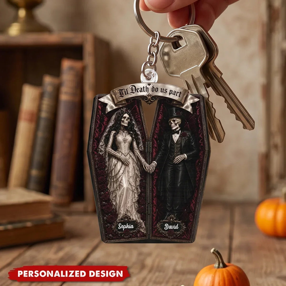 Personalized Acrylic Keychain, Gothic Coffin Skeleton Bride and Groom, Unique Halloween Gift for Couples