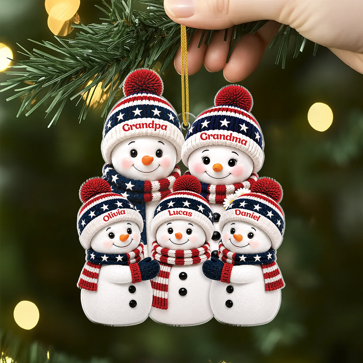 Personalized Acrylic Ornament, Smiling Patriotic Snowman Family Decor, Unique Christmas Gift for Grandma, Grandpa