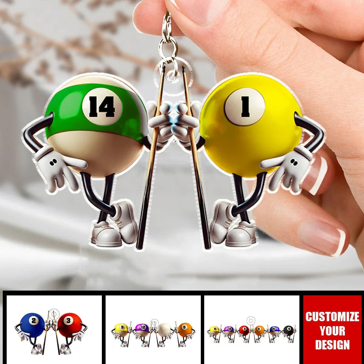 Personalized Acrylic Keychain, Cartoon Billiard Friends Holding Cues, Creative Gift for Pool Players