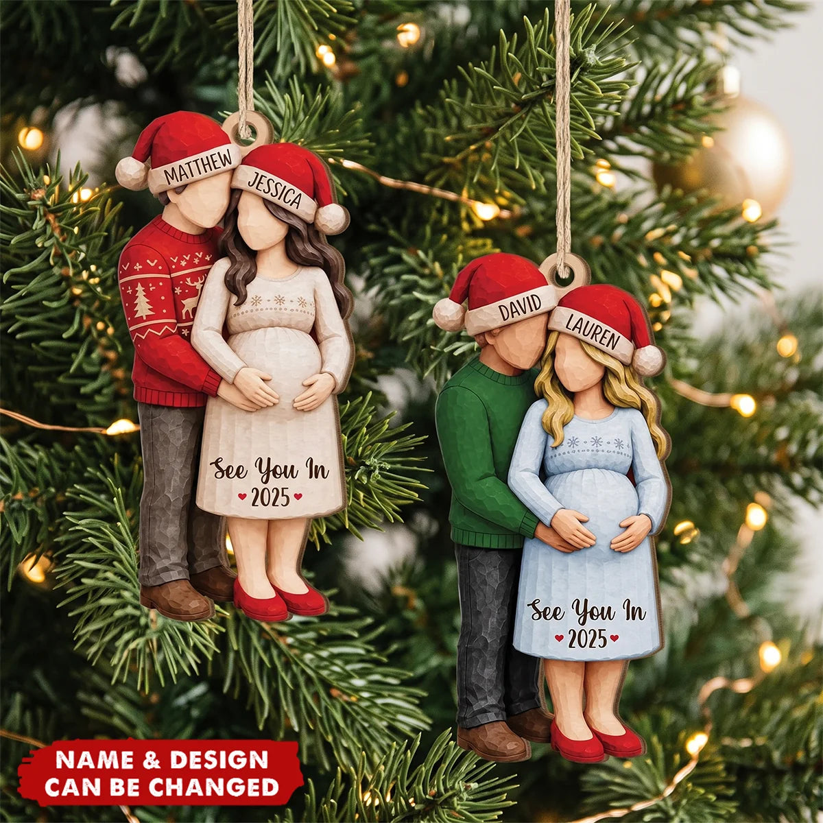 Personalized Wooden Ornament, Expecting Couple Holding Baby Bump, Unique Christmas Gift for Parents to Be