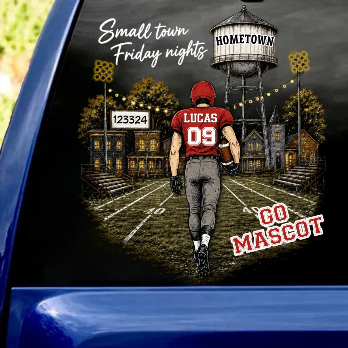 Small Town Friday Nights Sticker Decal, Walking Football Player Stadium Art, Personalized Creative Gift for Fans