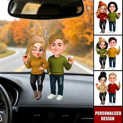 Personalized Acrylic Keychain, Cute Fall Couple Standing Together with Drinks, Unique Gift for Partners