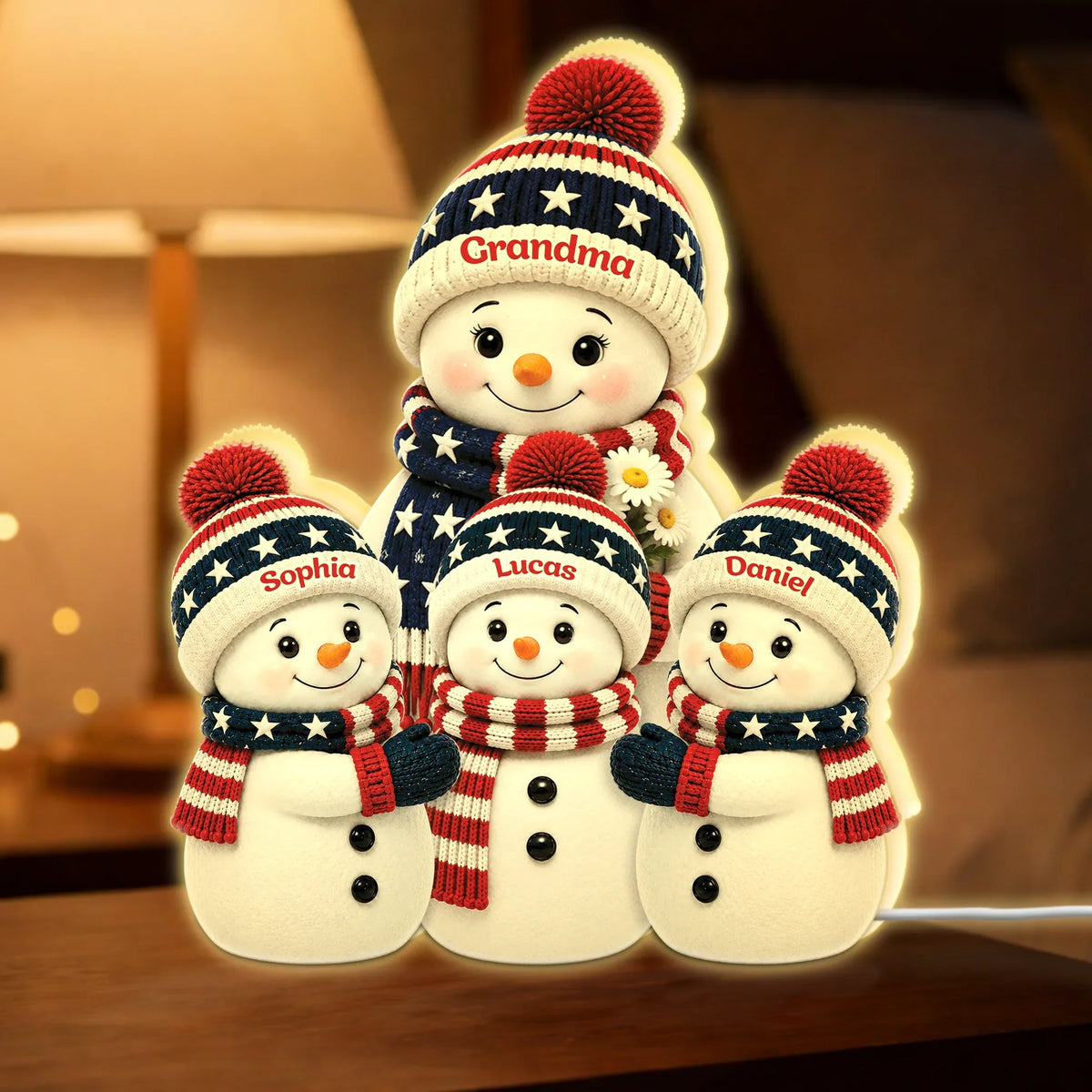 Personalized Acrylic Light Box, Snowman Family Gathered Together, Unique Christmas Gift for Grandma