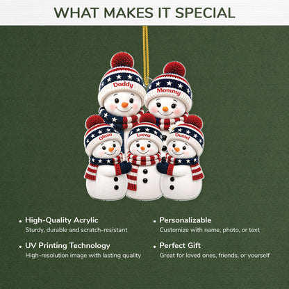 Personalized Acrylic Ornament, Smiling Patriotic Snowman Family Decor, Unique Christmas Gift for Grandma, Grandpa