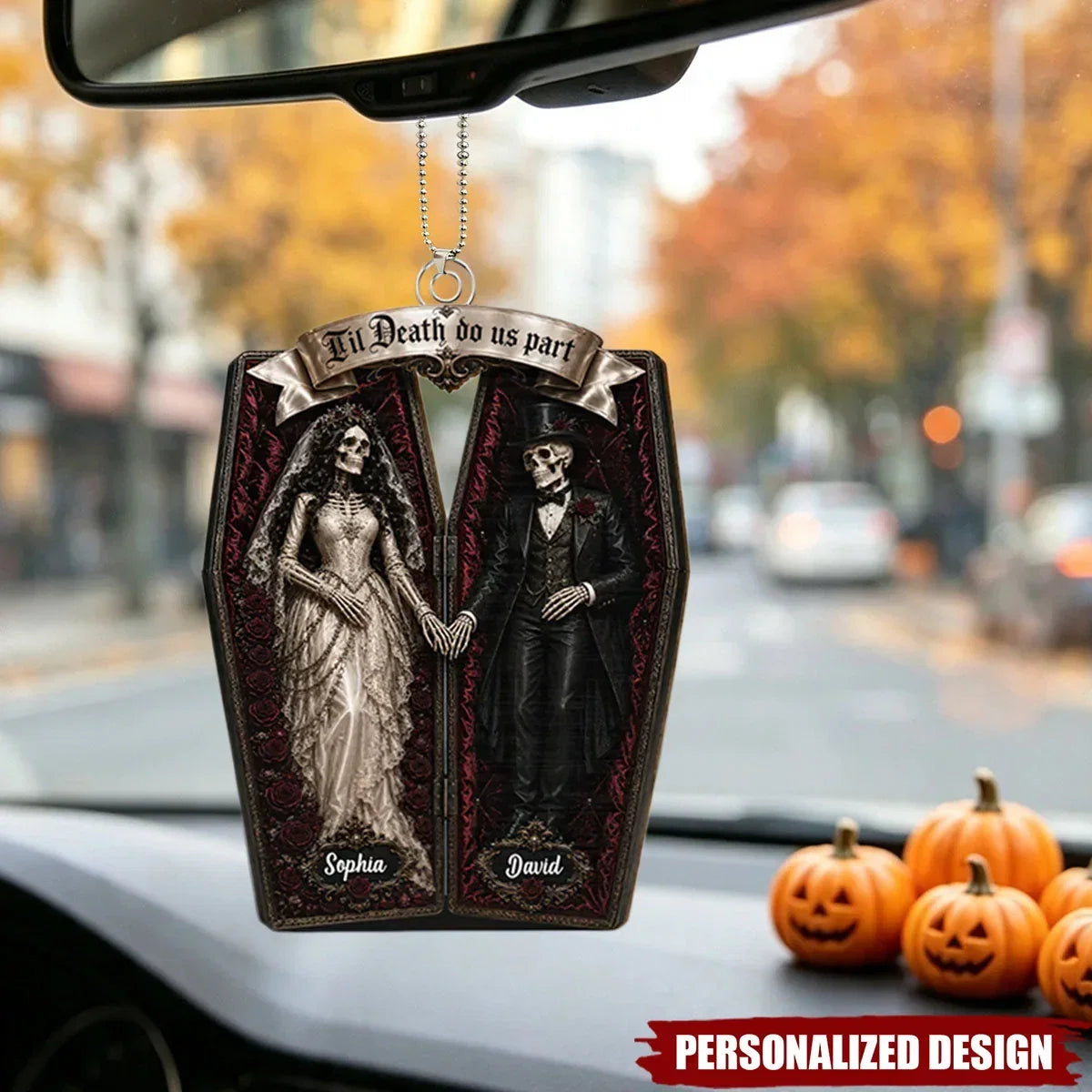 Personalized Acrylic Keychain, Gothic Coffin Skeleton Bride and Groom, Unique Halloween Gift for Couples