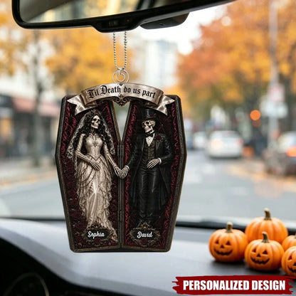Personalized Acrylic Keychain, Gothic Coffin Skeleton Bride and Groom, Unique Halloween Gift for Couples