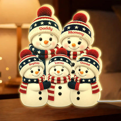 Personalized Acrylic Light Box, Gathered Snowman Family, Warm Glow, Unique Winter Gift for Parents
