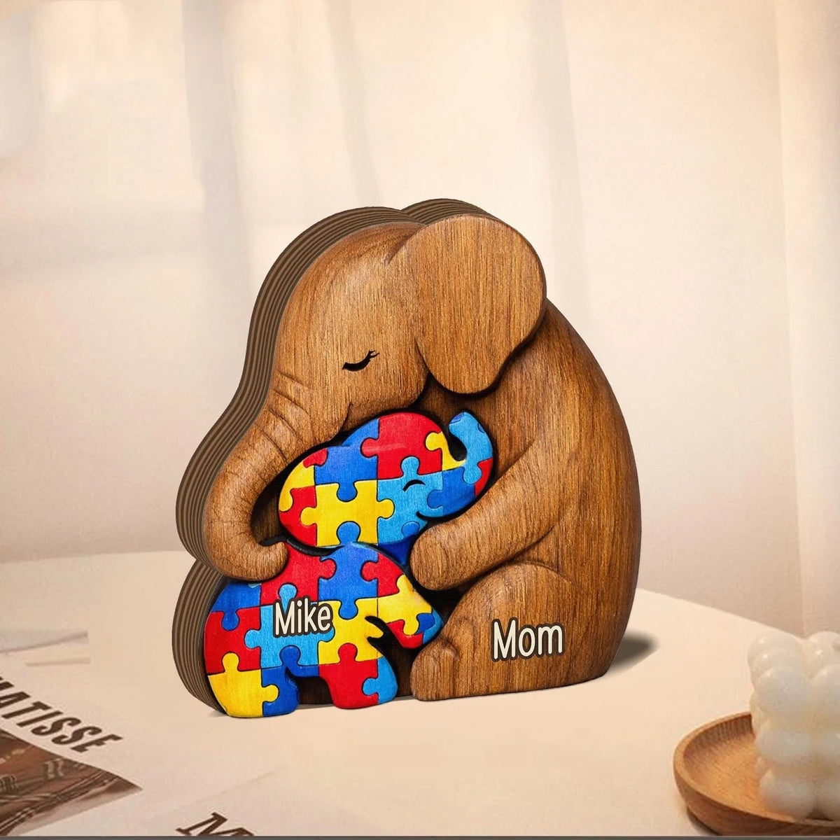 Thick Wooden Plaque, Custom Autism Mother Elephant Bear Hugging Child, Colorful Puzzle Keepsake, Unique Gift for Kids