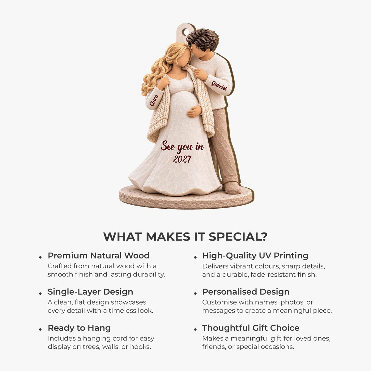 Personalized Wooden Ornament, Expecting Couple with Forehead Kiss, Unique Christmas Gift for Parents-to-Be