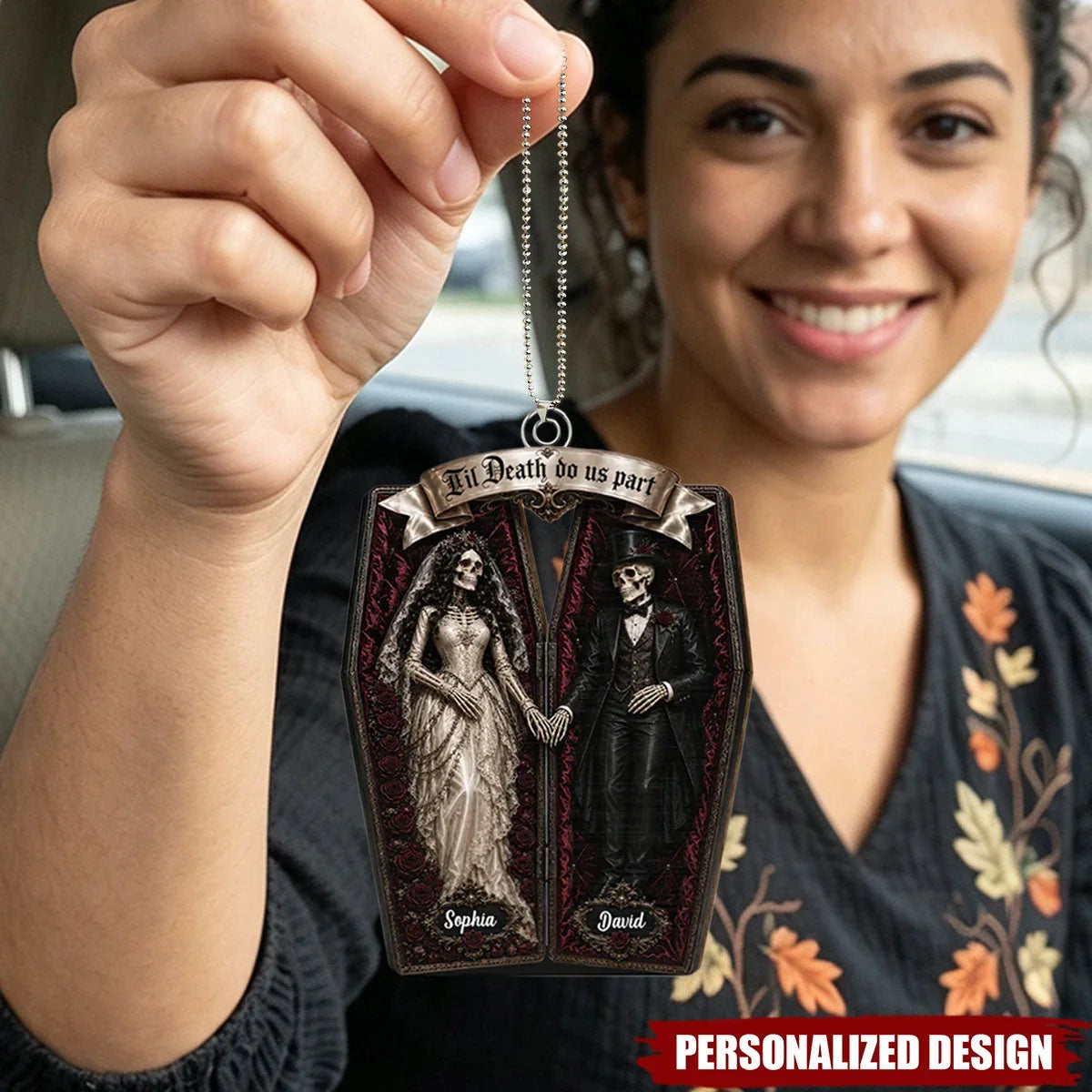 Personalized Acrylic Keychain, Gothic Coffin Skeleton Bride and Groom, Unique Halloween Gift for Couples