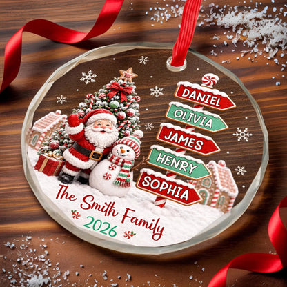 Personalized Crystal Ornament with Santa Waving Beside a Snowman, Snowy Christmas Scene, Unique Family Gift