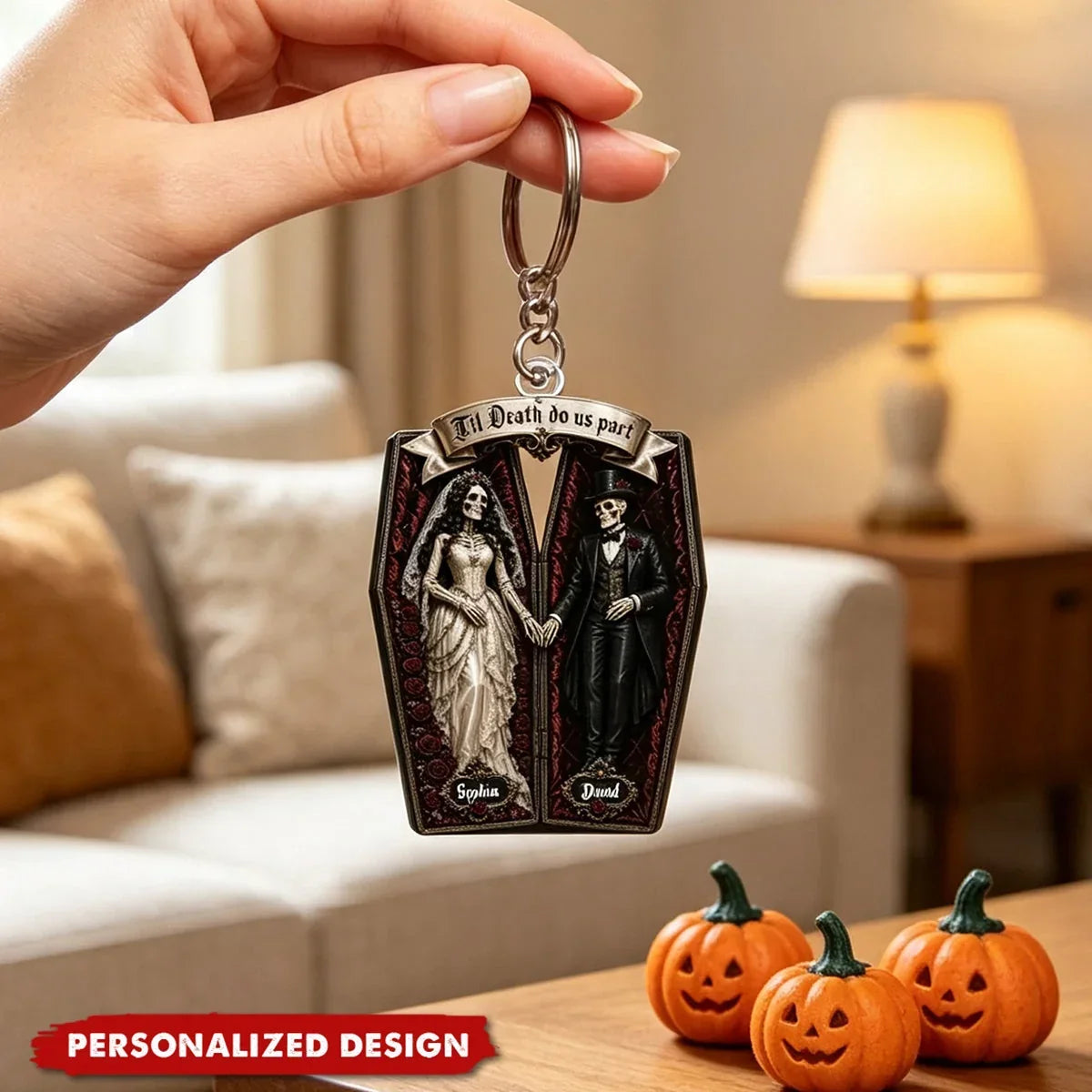 Personalized Acrylic Keychain, Gothic Coffin Skeleton Bride and Groom, Unique Halloween Gift for Couples
