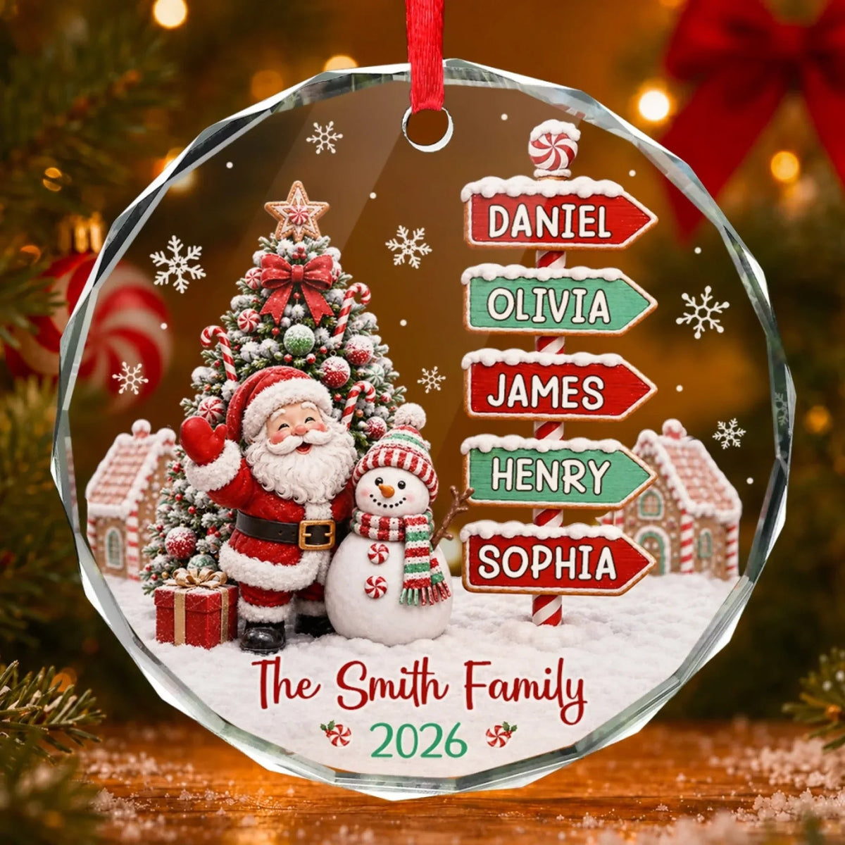Personalized Crystal Ornament with Santa Waving Beside a Snowman, Snowy Christmas Scene, Unique Family Gift