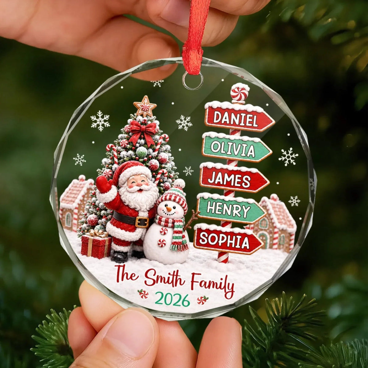 Personalized Crystal Ornament with Santa Waving Beside a Snowman, Snowy Christmas Scene, Unique Family Gift