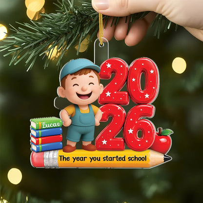 Personalized Acrylic Ornament, Waving Schoolgirl on a Festive Tree, Creative School Memory Gift for Kids