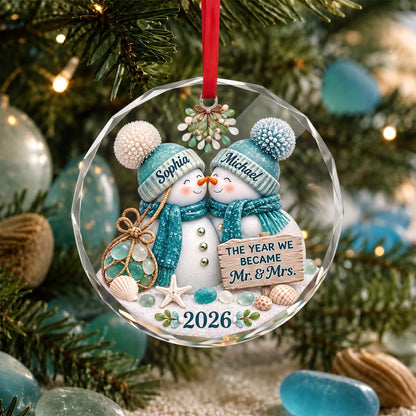 Personalized Crystal Ornament, Snowman Couple Leaning Together by the Seaside, Unique Wedding & Anniversary Gift