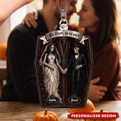 Personalized Acrylic Keychain, Gothic Coffin Skeleton Bride and Groom, Unique Halloween Gift for Couples