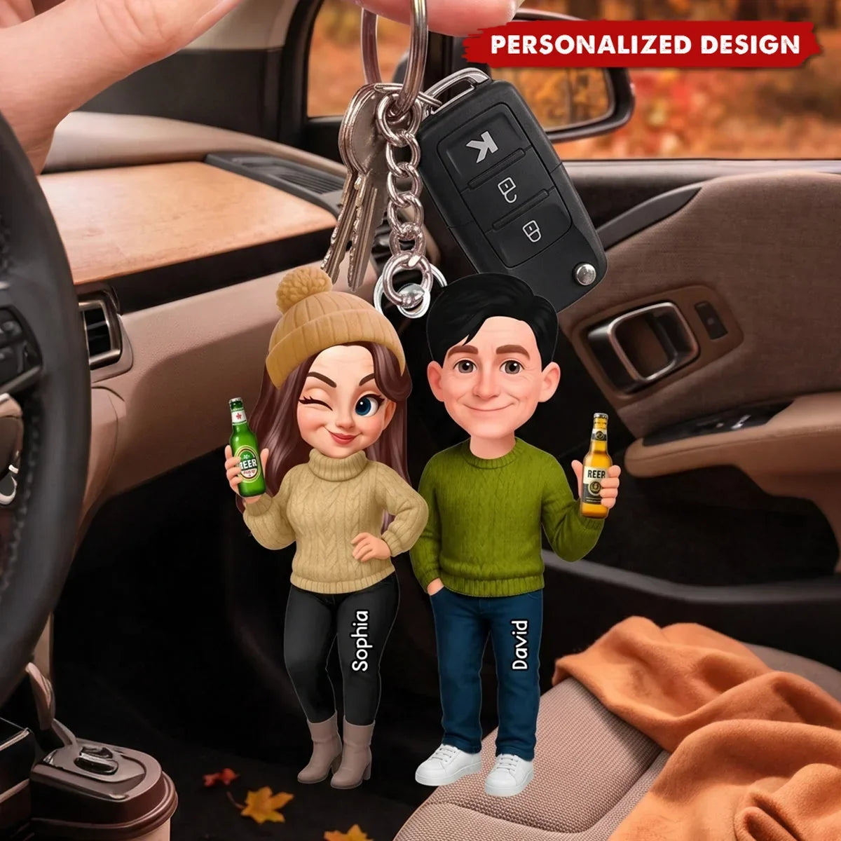 Personalized Acrylic Keychain, Cute Fall Couple Standing Together with Drinks, Unique Gift for Partners
