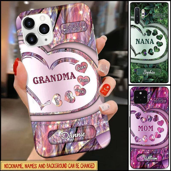 Sparkling Grandma- Mom With Sweet Heart Kids, Multi Colors Personalized Glass Phone Case