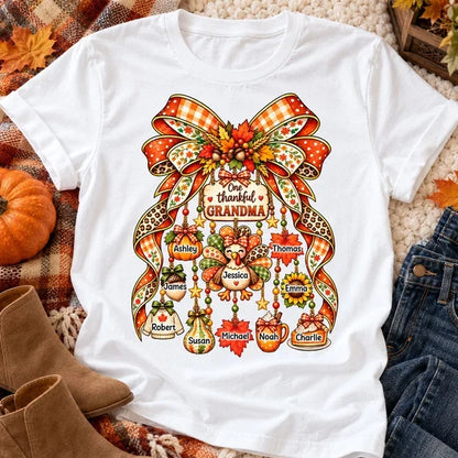 Personalized Thankful Grandma Classic Tee, Autumn Bow and Turkey Design, Unique Thanksgiving Gift for Grandma