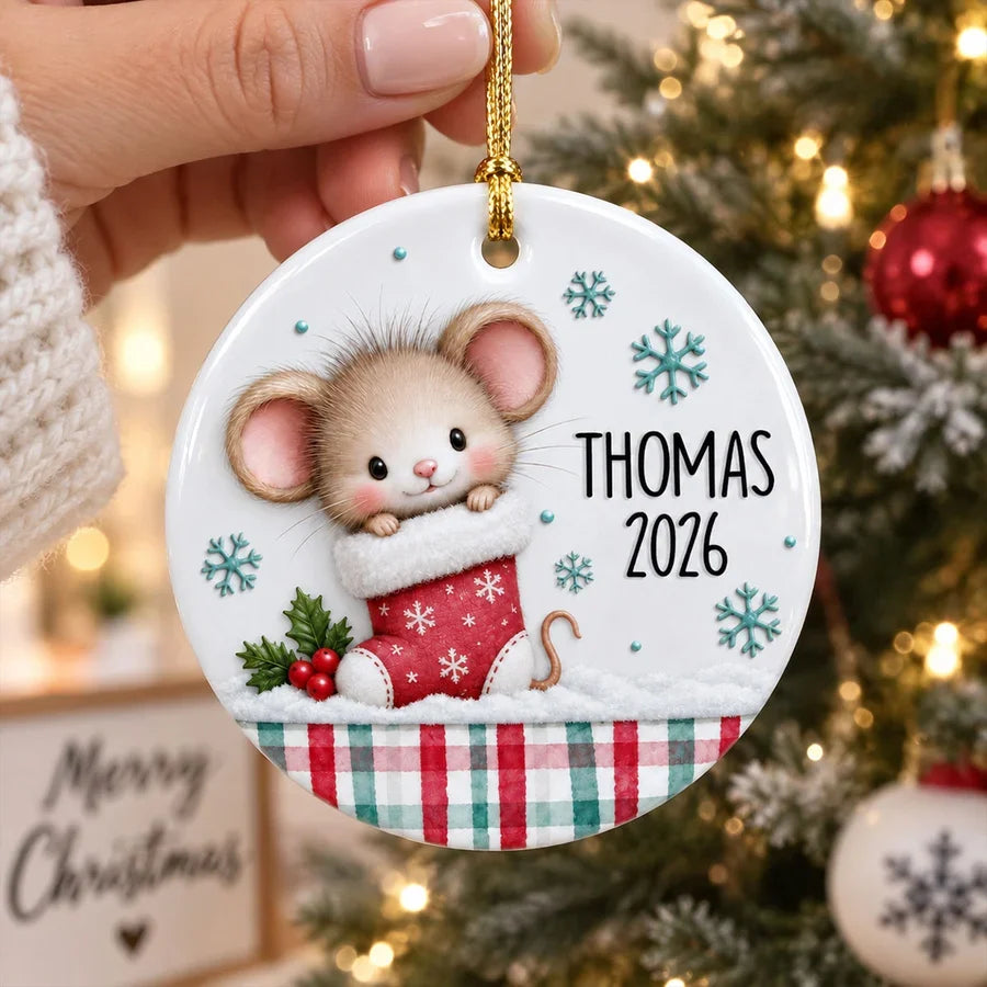 Personalized Ceramic Ornament, Cute Woodland Animals with Cookies and Stocking, Unique Gift for Kids