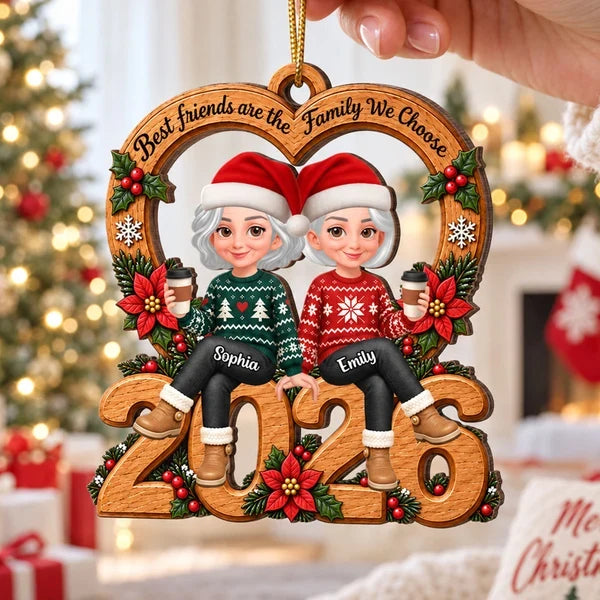 Personalized Wooden Ornament, Friends Sitting with Coffee in Festive Red and Green, Unique Christmas Gift for a Friend