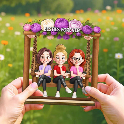 Personalized Layered Wooden Plaque, Friends On Swing Flower Art, Unique Creative Gift For Sister