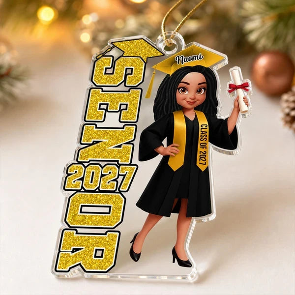 Personalized Acrylic Ornament, Proud Senior in Cap and Gown Holding Diploma, Creative Keepsake Gift for Graduate