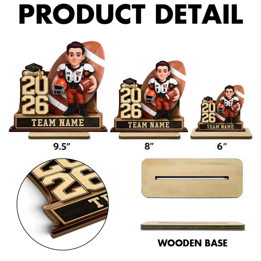 Custom Class Football Player 2-Layer Wooden Plaque, Warm Sports Memory Desk Decor, Thoughtful Gift for Graduates