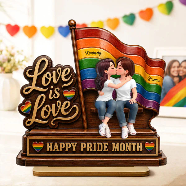 Personalized 2-Layer Wooden Plaque, LGBTQ Couple Kissing by Rainbow Flag, Unique Pride Month Gift