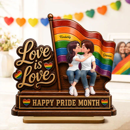 Personalized 2-Layer Wooden Plaque, LGBTQ Couple Kissing by Rainbow Flag, Unique Pride Month Gift