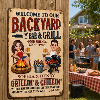 Personalized Backyard Bar & Grill Iron Sign, Sitting Couple in Sunlit Yard, Unique Gift for Couple