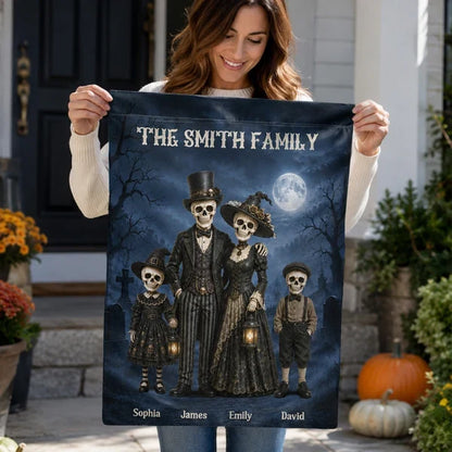 Personalized Garden Flag, Standing Gothic Skeleton Family at a Moonlit Haunted House, Unique Halloween Gift for Families