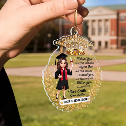 Personalized Acrylic Ornament, Graduate Holding Diploma, Gold Laurel, Unique Graduation Gift for Her, Him