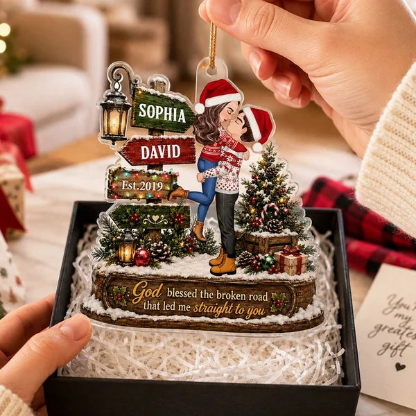 God Blessed the Broken Road Personalized Acrylic Ornament, Kissing Couple in Rustic Christmas Scene, Creative Couple Gift