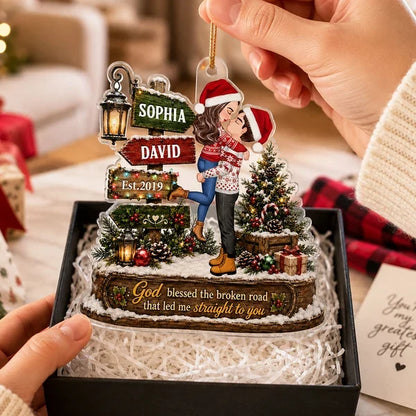 God Blessed the Broken Road Personalized Acrylic Ornament, Kissing Couple in Rustic Christmas Scene, Creative Couple Gift
