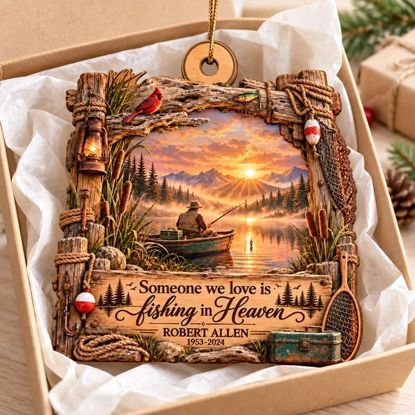 Personalized Wooden Ornament, Sunset Fishing Memorial Scene, Unique Sympathy Gift for Family