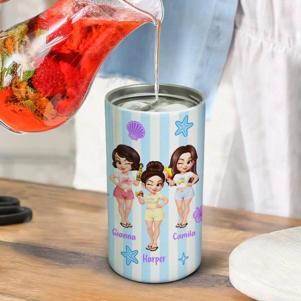 Personalized Can Cooler With Cartoon Besties, Stripe Beach Style, Unique Gift For Best Friend