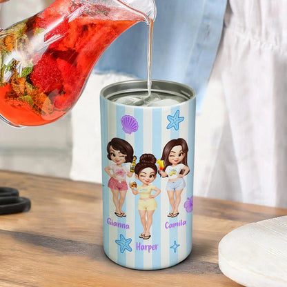 Personalized Can Cooler With Cartoon Besties, Stripe Beach Style, Unique Gift For Best Friend