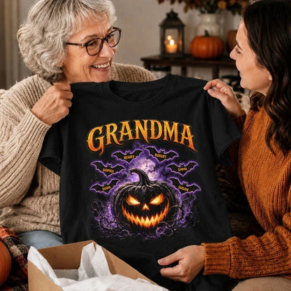 Personalized Grandma Classic Tee with Orange Jack O Lantern and Bats, Unique Halloween Gift
