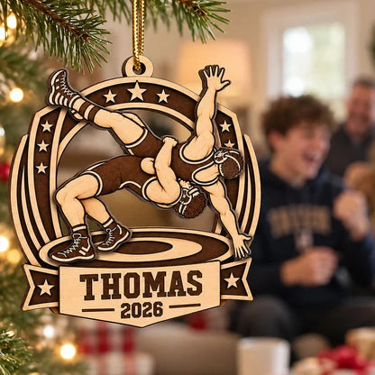 Personalized 2-Layer Wooden Ornament, Warm Brown Wrestling Action, Unique Gift for Son