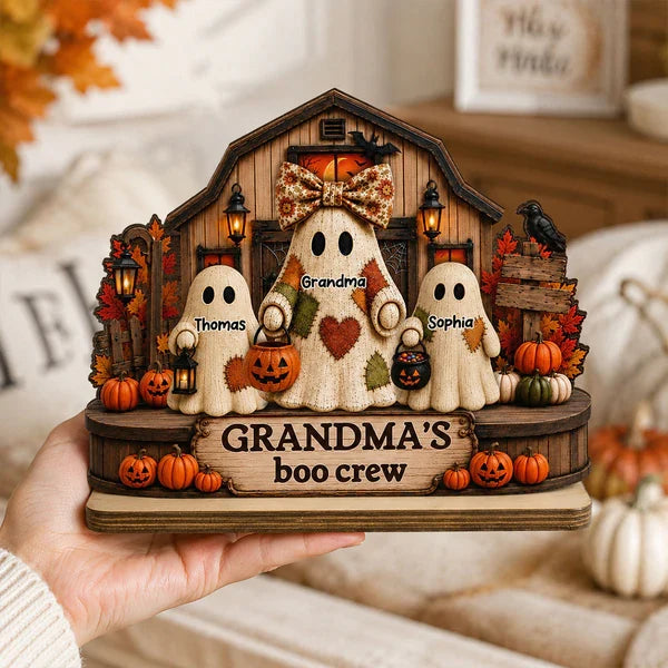 Personalized 2-Layer Wooden Plaque, Grandma's Boo Crew Halloween Decor, Unique Gift for Grandma