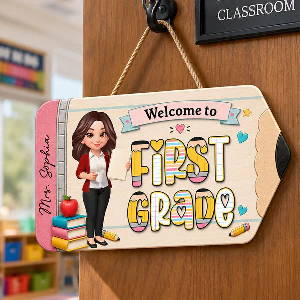 First Grade Wooden Sign With Standing Teacher Cartoon, Personalized Classroom Decor, Unique Teacher Gift