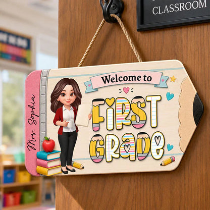 First Grade Wooden Sign With Standing Teacher Cartoon, Personalized Classroom Decor, Unique Teacher Gift