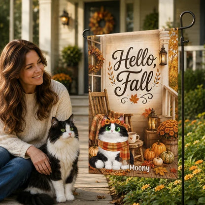 Hello Fall Garden Flag, Personalized Autumn Cat Porch Scene in Warm Orange Tones, Unique Gift for Pet Owners