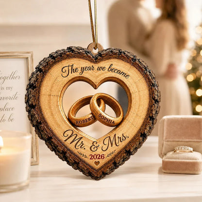Personalized Wooden Ornament with Intertwined Rings, Rustic Wedding Keepsake and Unique Gift for Couples