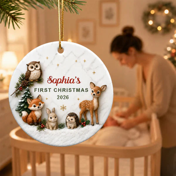 Ceramic Ornament, Personalized First Christmas Woodland Animals, Unique Gift for Baby & Family