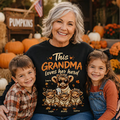 Personalized Grandma Classic Tee, Highland Cow Herd Design, Fall Leaves, Unique Gift for Grandma
