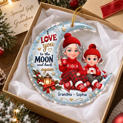 Personalized Acrylic Ornament, Grandma and Grandchild Sitting on Moon, Unique Christmas Gift for Grandma